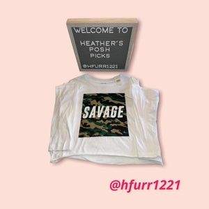 NWT WHITE & CAMO "SAVAGE" LONG SLEEVE CROPPED TEE SIZE L
